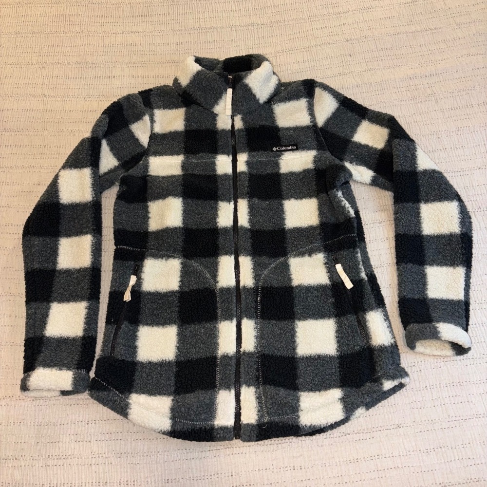 Columbia Womens Buffalo Plaid Full Zip Sherpa Fleece Jacket Grey Black Small